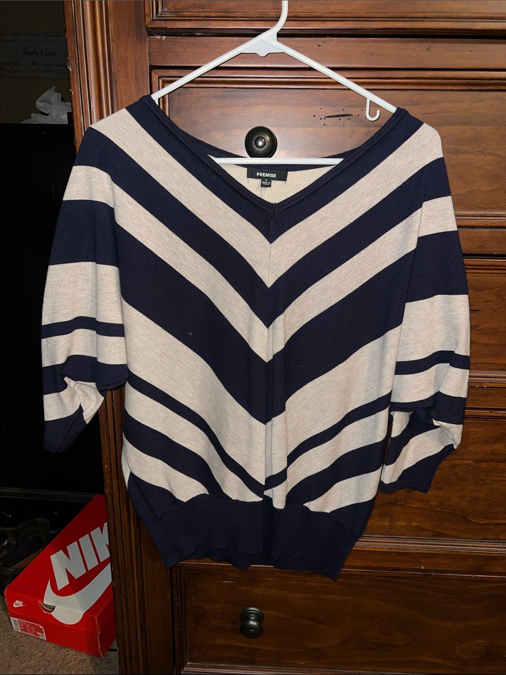 Premise Navy and Cream Chevron Striped V-Neck Sweater
